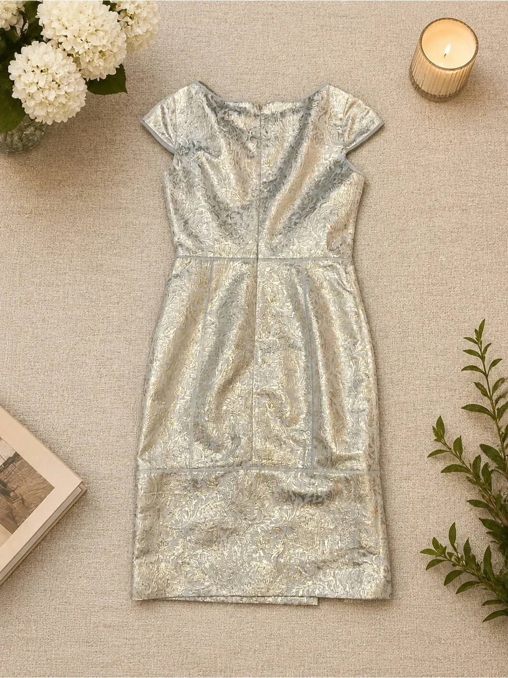 Tory Burch Light Blue and Gold Brocade Midi Dress